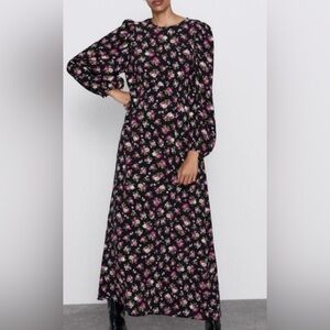 Zara Black Pink Ditsy Floral Puff Long Sleeve Cottagecore Midi Dress Size M EUC